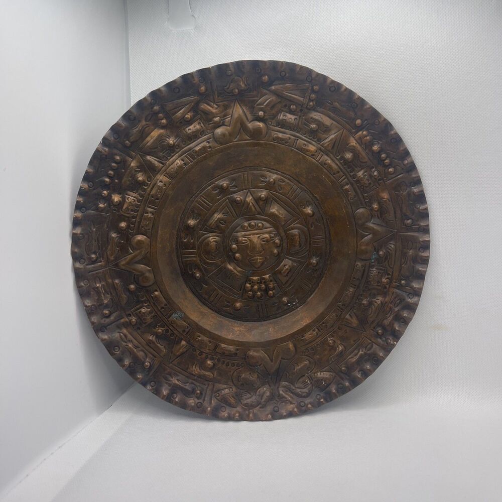Mexican Copper Wall Plate Aztec Sun Face Calendar Relief 9.5 Inch Decor